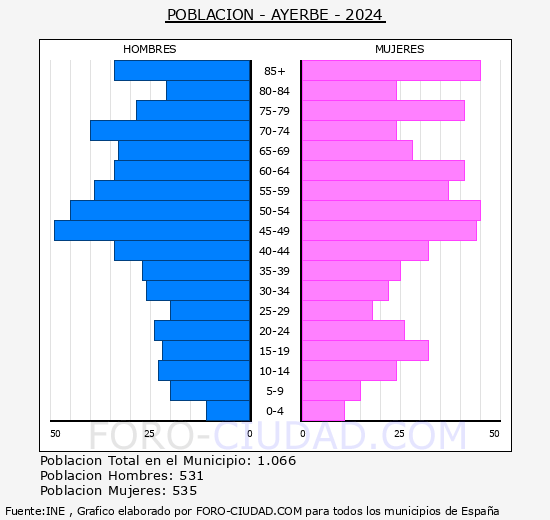 Ayerbe - Pirmide de poblacin grupos quinquenales - Censo 2024