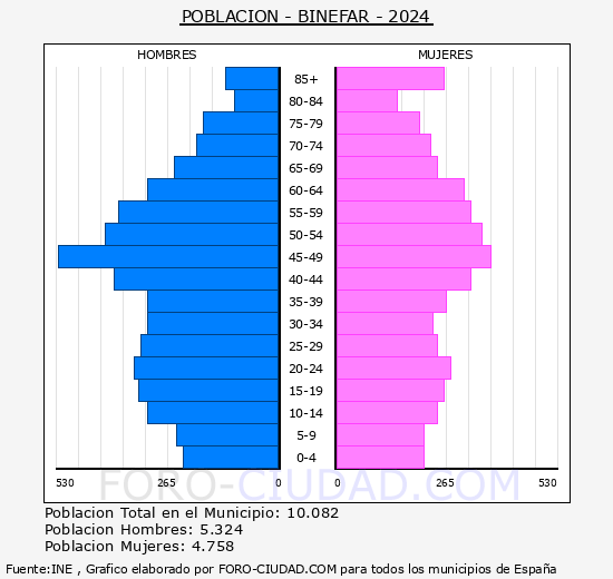 Bin�far - Pir�mide de poblaci�n grupos quinquenales - Censo 2024