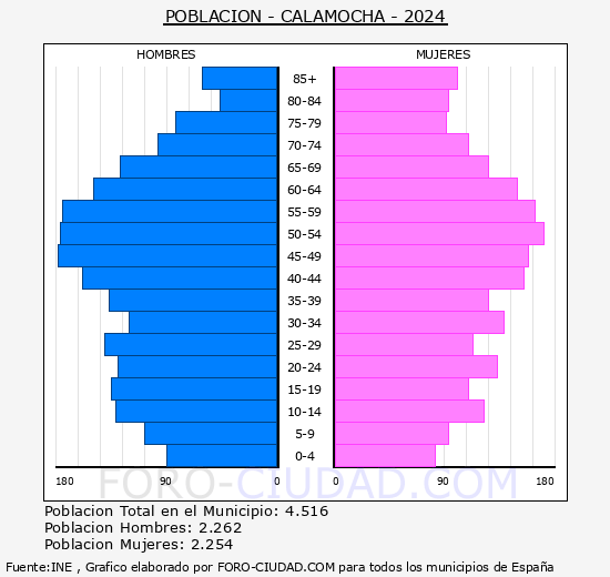 Calamocha - Pirmide de poblacin grupos quinquenales - Censo 2024