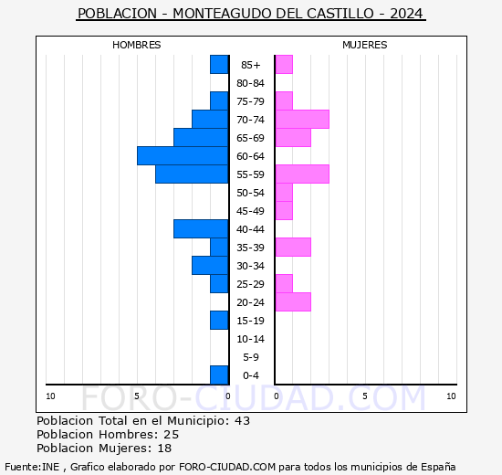 Monteagudo del Castillo - Pir�mide de poblaci�n grupos quinquenales - Censo 2024