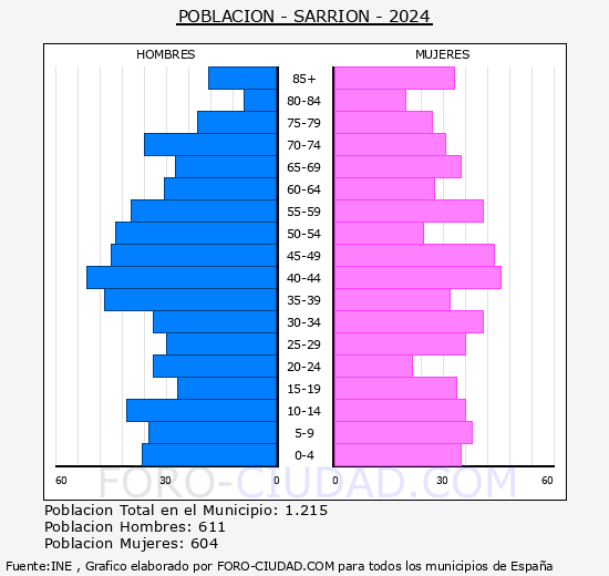 Sarrin - Pirmide de poblacin grupos quinquenales - Censo 2024