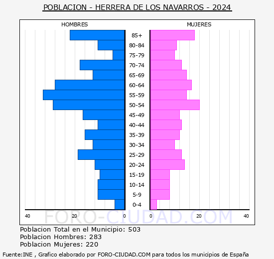 Herrera de los Navarros - Pir�mide de poblaci�n grupos quinquenales - Censo 2024