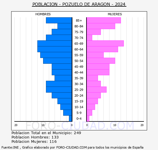 Pozuelo de Aragn - Pirmide de poblacin grupos quinquenales - Censo 2024