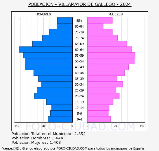 Villamayor de Gllego - Pirmide de poblacin grupos quinquenales - Censo 2024