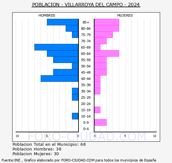 Villarroya del Campo - Pirmide de poblacin grupos quinquenales - Censo 2024