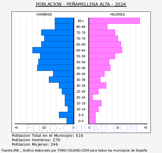 Pe�amellera Alta - Pir�mide de poblaci�n grupos quinquenales - Censo 2024