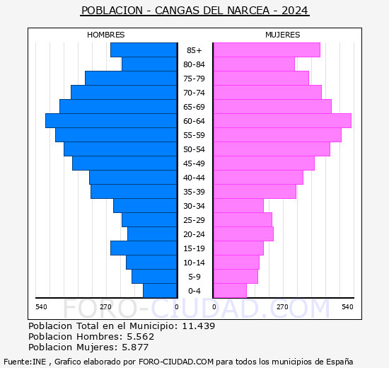 Cangas del Narcea - Pirmide de poblacin grupos quinquenales - Censo 2024