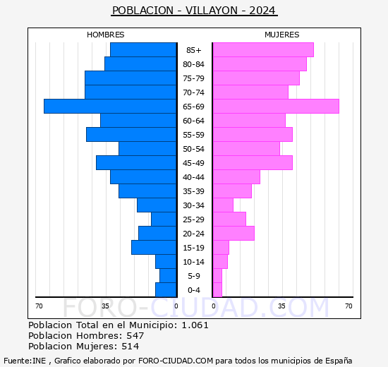 Villayn - Pirmide de poblacin grupos quinquenales - Censo 2024