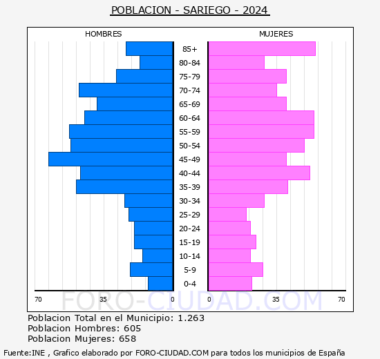 Sariego - Pirmide de poblacin grupos quinquenales - Censo 2024