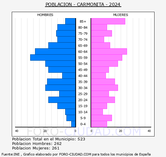 Carmonita - Pir�mide de poblaci�n grupos quinquenales - Censo 2024