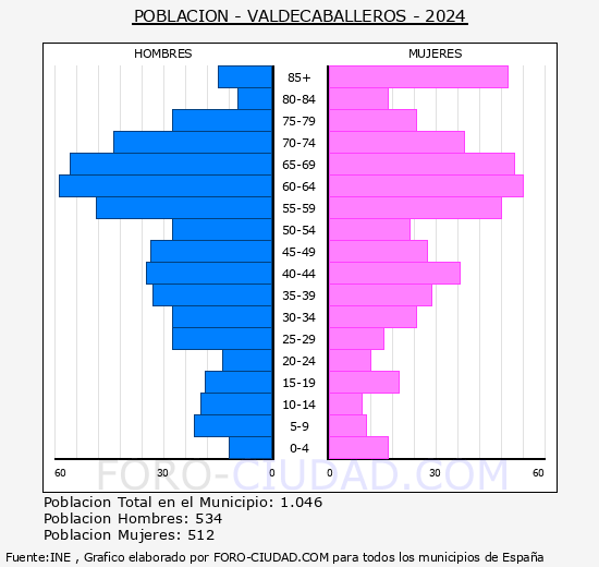 Valdecaballeros - Pirmide de poblacin grupos quinquenales - Censo 2024