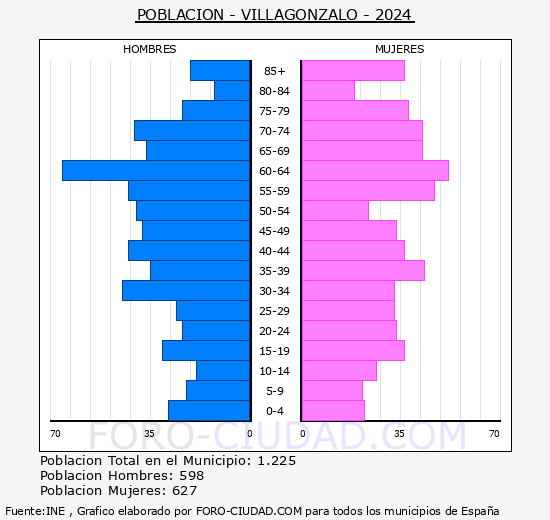 Villagonzalo - Pir�mide de poblaci�n grupos quinquenales - Censo 2024