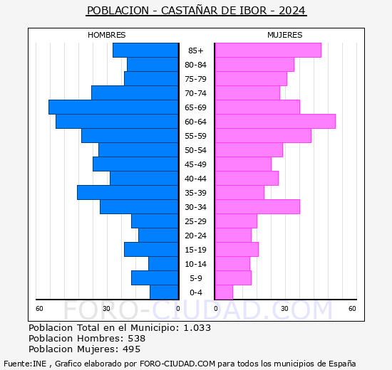 Casta�ar de Ibor - Pir�mide de poblaci�n grupos quinquenales - Censo 2024