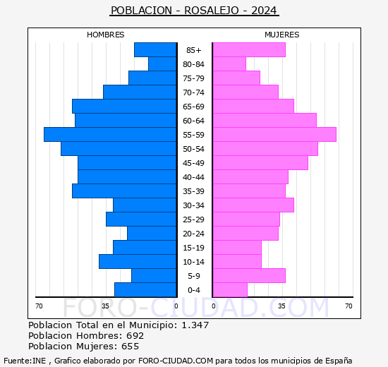 Rosalejo - Pirmide de poblacin grupos quinquenales - Censo 2024