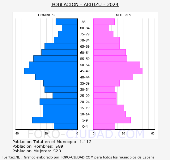 Arbizu - Pirmide de poblacin grupos quinquenales - Censo 2024
