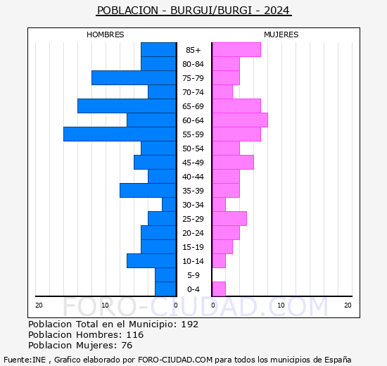 Burgui/Burgi - Pirmide de poblacin grupos quinquenales - Censo 2024