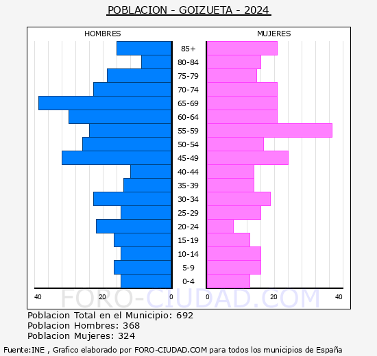 Goizueta - Pirmide de poblacin grupos quinquenales - Censo 2024