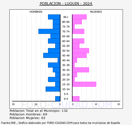Luquin - Pirmide de poblacin grupos quinquenales - Censo 2024