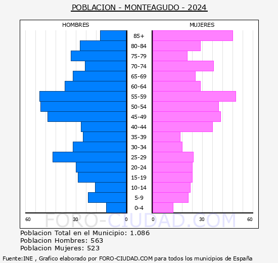 Monteagudo - Pir�mide de poblaci�n grupos quinquenales - Censo 2024
