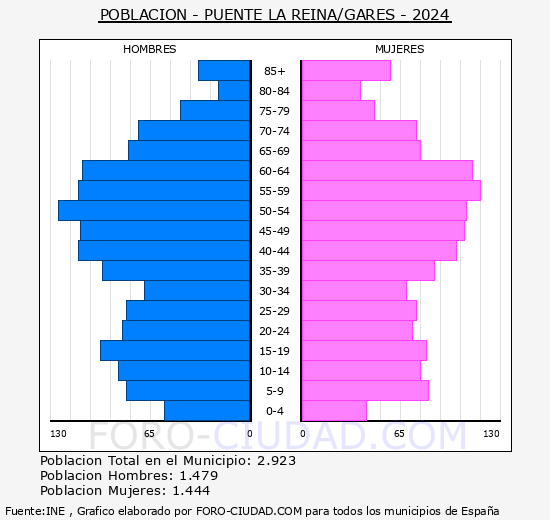 Puente la Reina/Gares - Pirmide de poblacin grupos quinquenales - Censo 2024