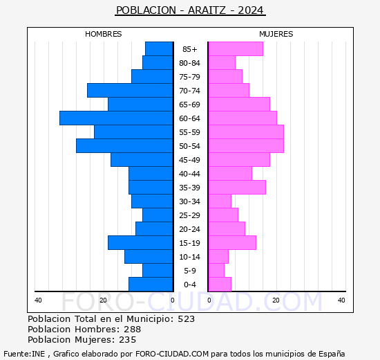 Araitz - Pirmide de poblacin grupos quinquenales - Censo 2024