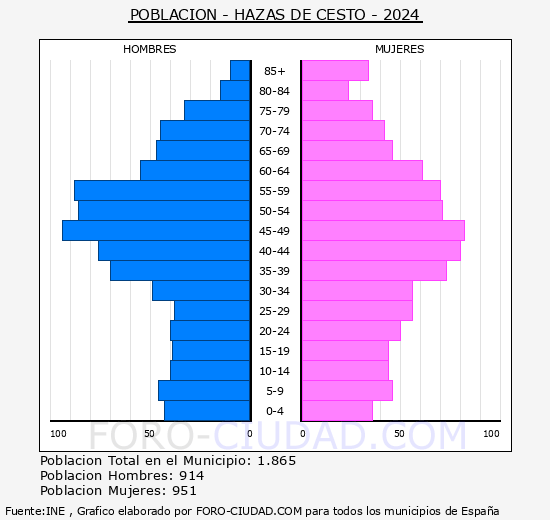 Hazas de Cesto - Pirmide de poblacin grupos quinquenales - Censo 2024