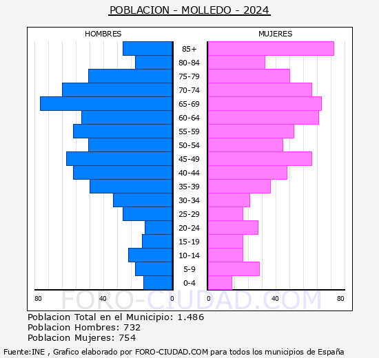 Molledo - Pir�mide de poblaci�n grupos quinquenales - Censo 2024