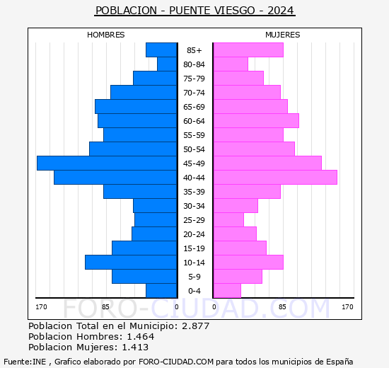 Puente Viesgo - Pirmide de poblacin grupos quinquenales - Censo 2024