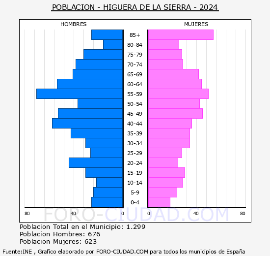 Higuera de la Sierra - Pir�mide de poblaci�n grupos quinquenales - Censo 2024