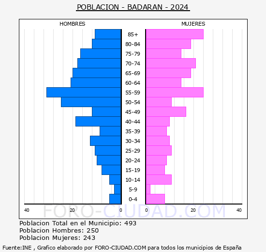 Badarn - Pirmide de poblacin grupos quinquenales - Censo 2024