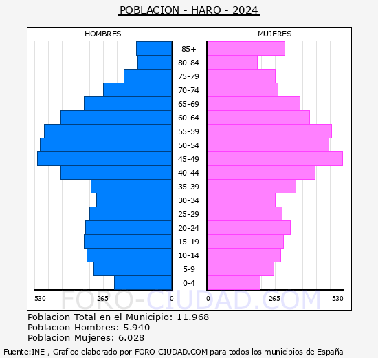 Haro - Pir�mide de poblaci�n grupos quinquenales - Censo 2024