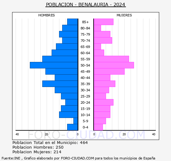 Benalaura - Pirmide de poblacin grupos quinquenales - Censo 2024