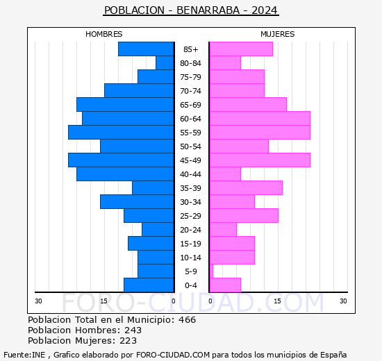 Benarrab� - Pir�mide de poblaci�n grupos quinquenales - Censo 2024