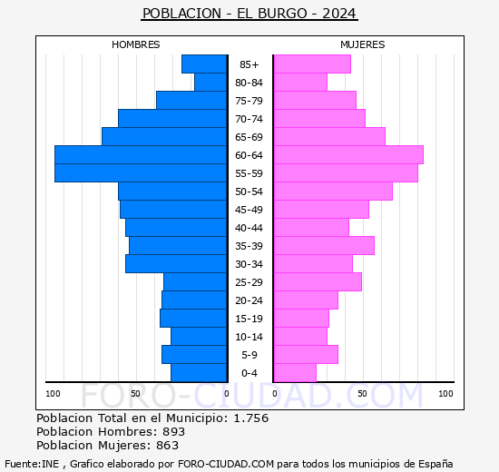 El Burgo - Pirmide de poblacin grupos quinquenales - Censo 2024