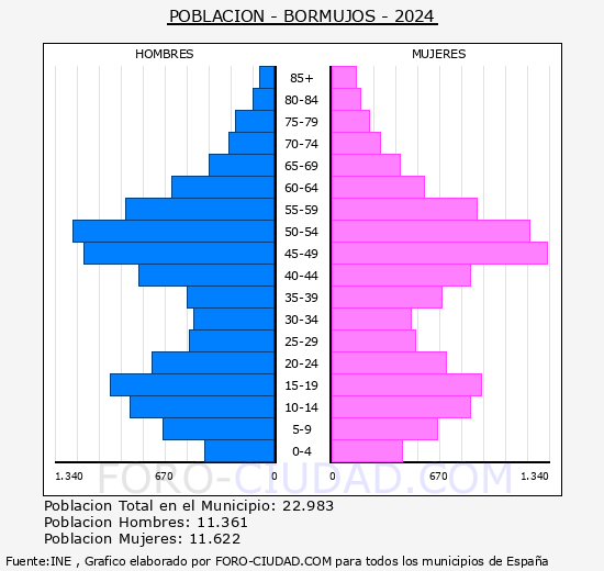 Bormujos - Pirmide de poblacin grupos quinquenales - Censo 2024