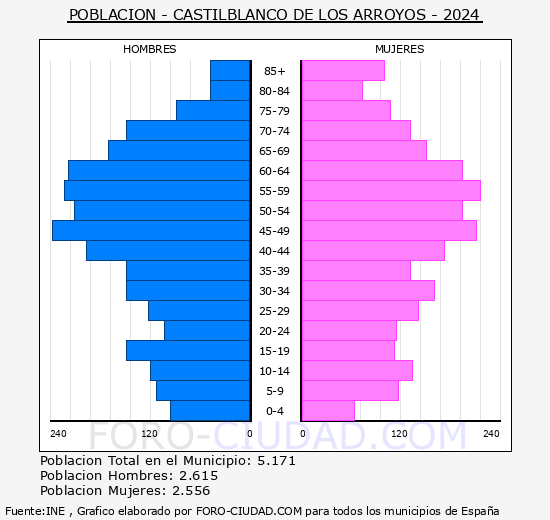 Castilblanco de los Arroyos - Pirmide de poblacin grupos quinquenales - Censo 2024