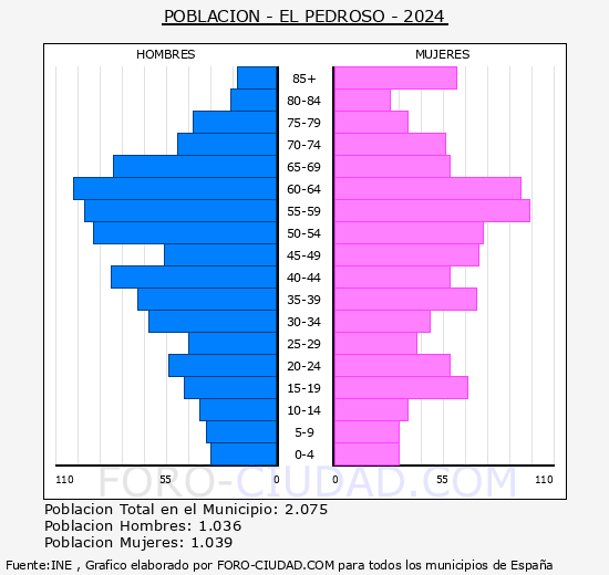 El Pedroso - Pirmide de poblacin grupos quinquenales - Censo 2024