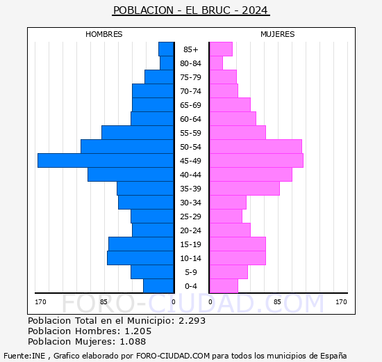El Bruc - Pirmide de poblacin grupos quinquenales - Censo 2024