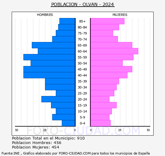 Olvan - Pirmide de poblacin grupos quinquenales - Censo 2024