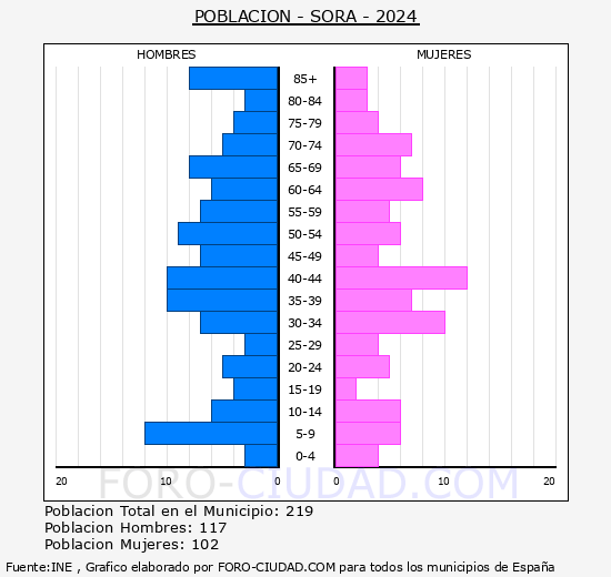 Sora - Pir�mide de poblaci�n grupos quinquenales - Censo 2024