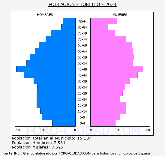 Torell - Pirmide de poblacin grupos quinquenales - Censo 2024