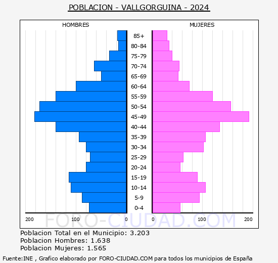 Vallgorguina - Pirmide de poblacin grupos quinquenales - Censo 2024
