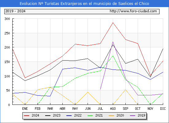 Evolucin Numero de turistas de origen Extranjero en el Municipio de Saelices el Chico hasta Diciembre del 2024.