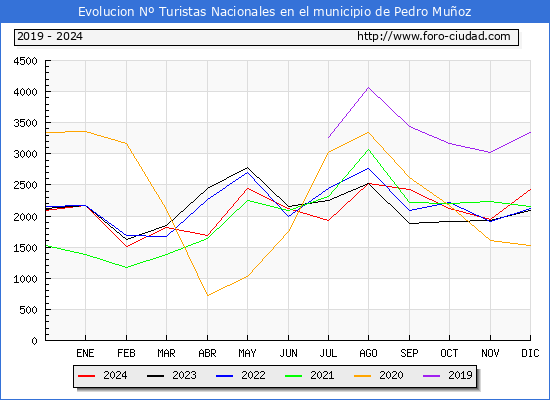 Evolucin Numero de turistas de origen Espaol en el Municipio de Pedro Muoz hasta Diciembre del 2024.
