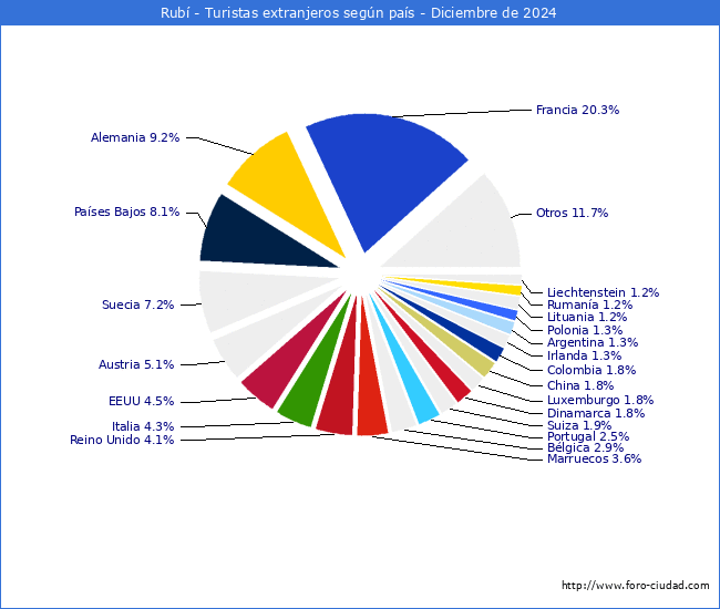 Numero de turistas de origen Extranjero por pais de procedencia en el Municipio de Rub hasta Diciembre del 2024.
