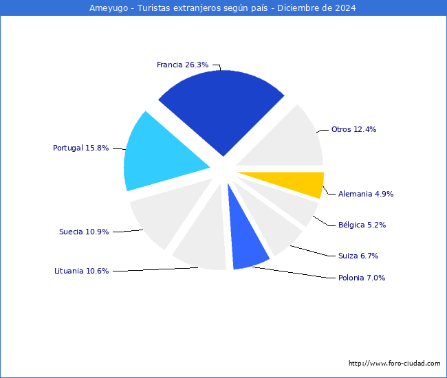 Numero de turistas de origen Extranjero por pais de procedencia en el Municipio de Ameyugo hasta Diciembre del 2024.