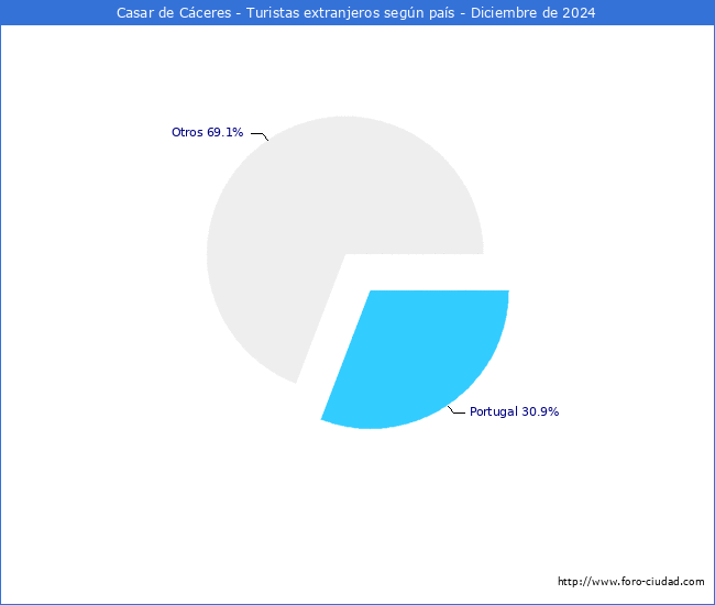 Numero de turistas de origen Extranjero por pais de procedencia en el Municipio de Casar de Cceres hasta Diciembre del 2024.