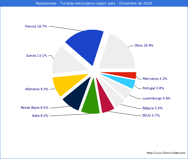 Numero de turistas de origen Extranjero por pais de procedencia en el Municipio de Manzanares hasta Diciembre del 2024.