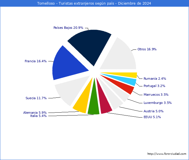 Numero de turistas de origen Extranjero por pais de procedencia en el Municipio de Tomelloso hasta Diciembre del 2024.