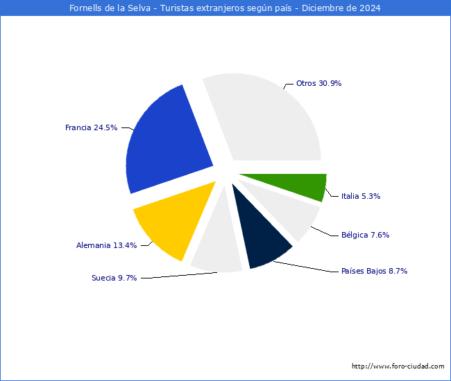 Numero de turistas de origen Extranjero por pais de procedencia en el Municipio de Fornells de la Selva hasta Diciembre del 2024.